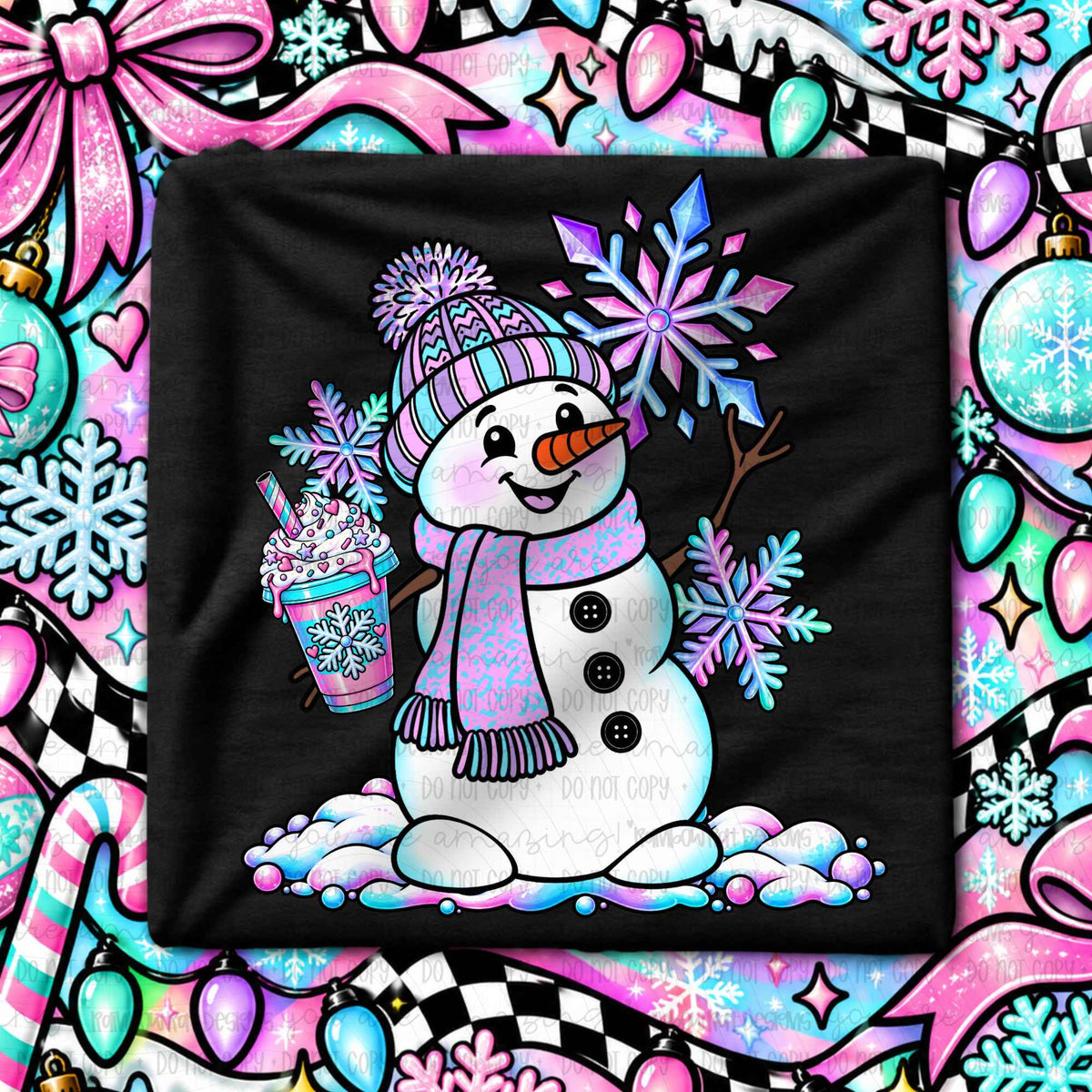 Snowman holding frozen drink-purple and teal colors (RRD) DTF Transfer
