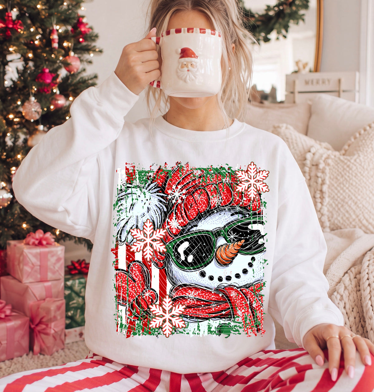 Close up snowman red hat and snowflakes (AG) DTF Transfer