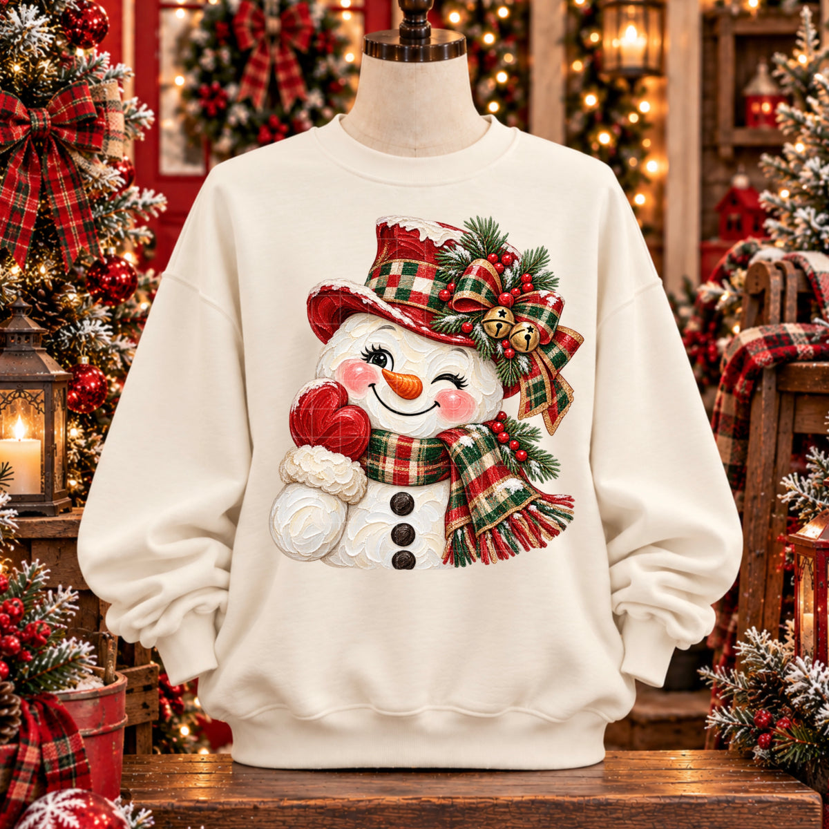 Blushing snowman and green plaid scarf and bow (SDD) DTF Transfer