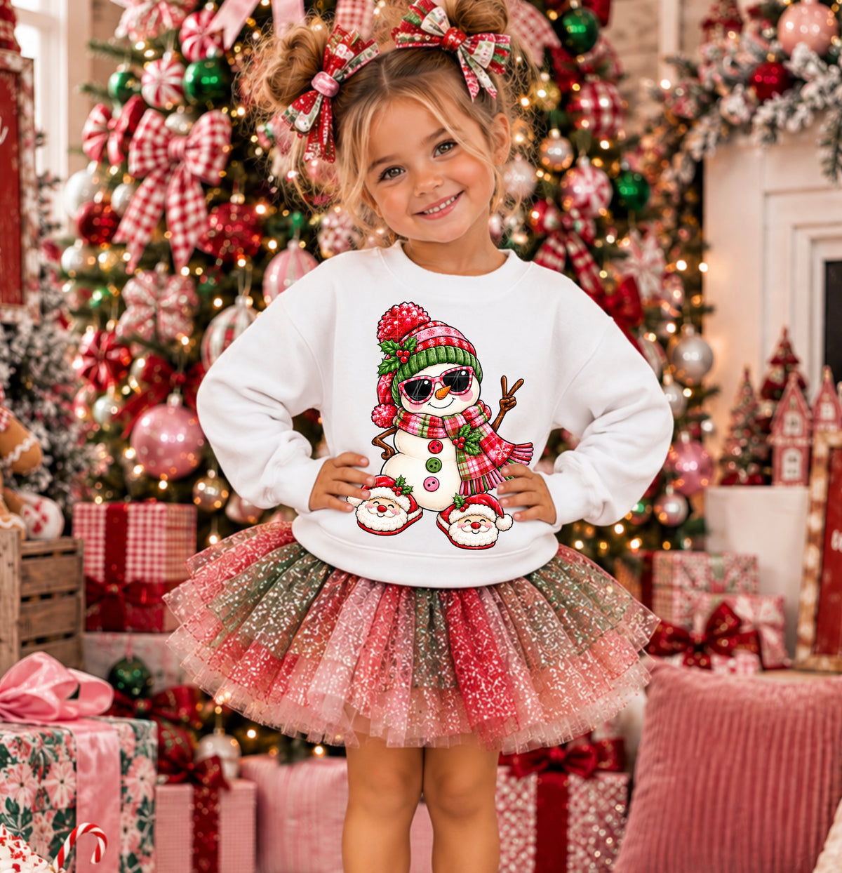 Girl Christmas snowman peace hands (SDD) DTF Transfer