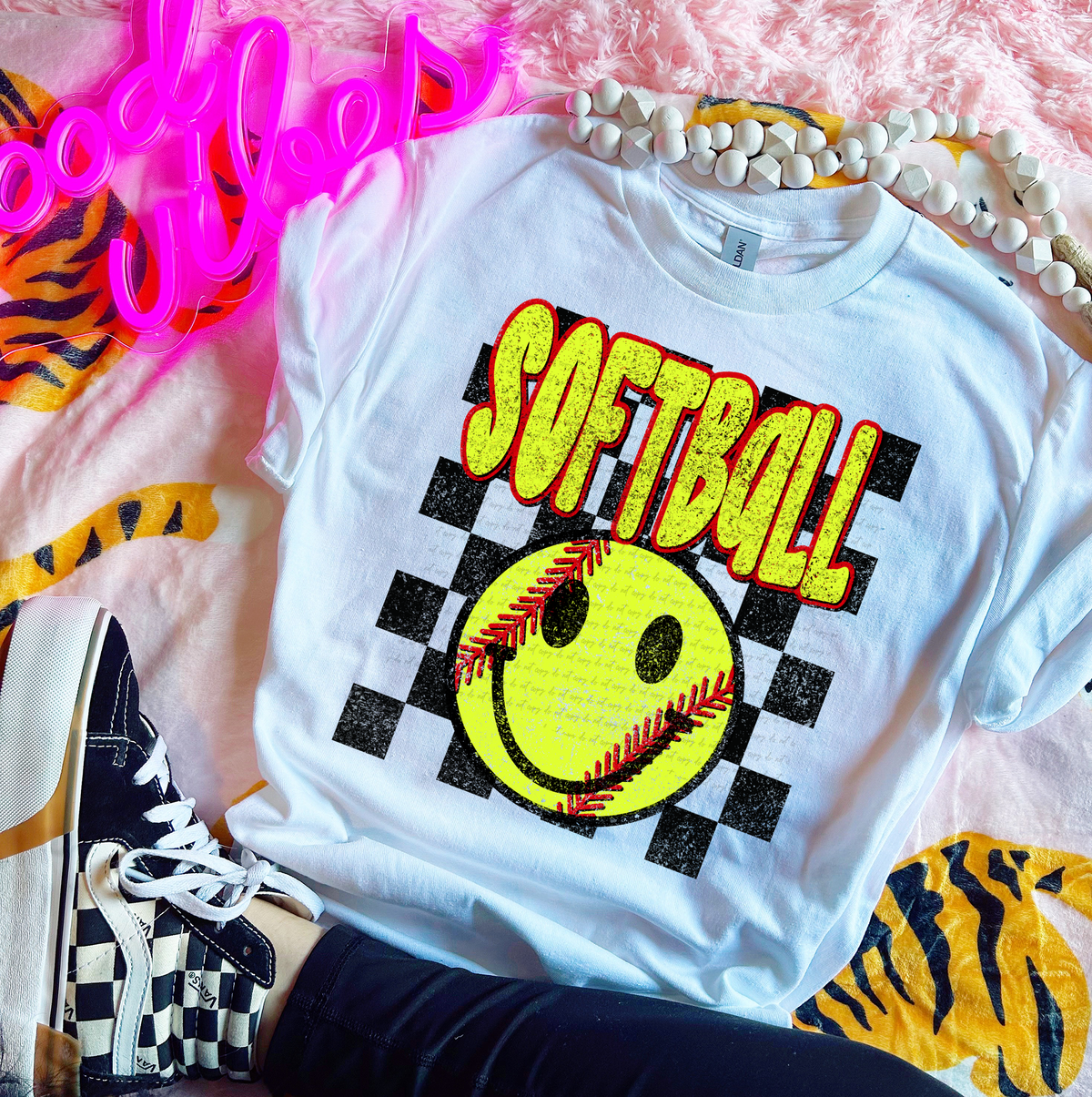 Softball Smiley Checker Distressed 81911 DTF Transfer