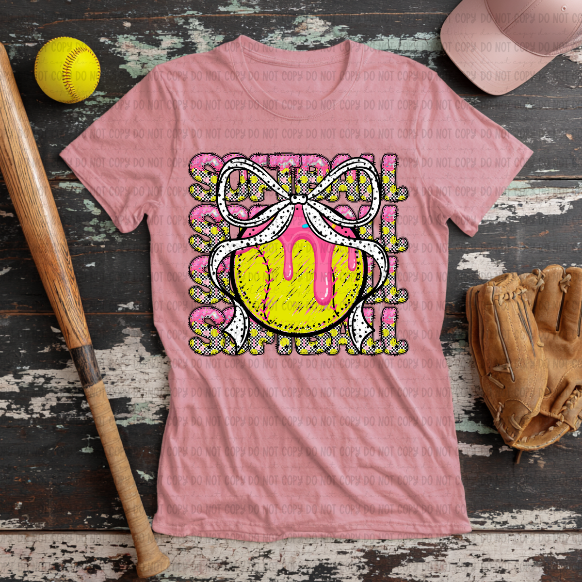 Softball with bow stacked PINK drip (Revel) DTF Transfer