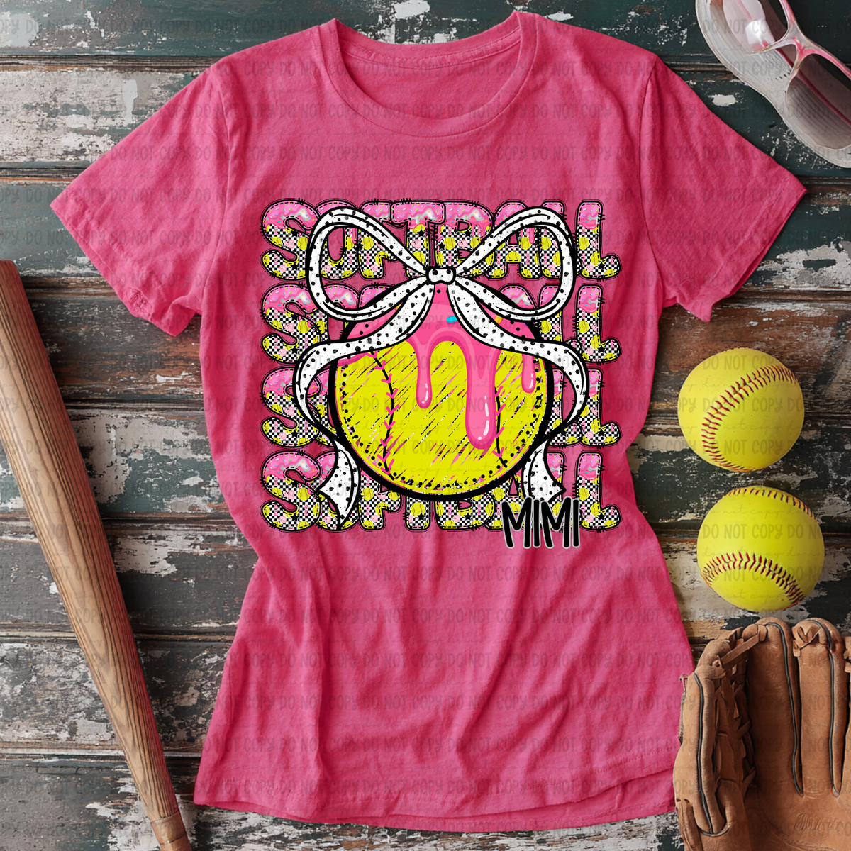 Softball mimi with bow stacked PINK drip (Revel) DTF Transfer