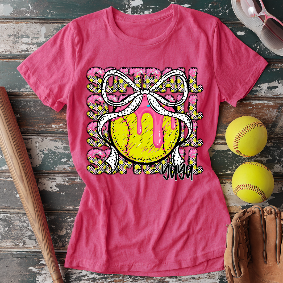 Softball yaya with bow stacked PINK drip (Revel) DTF Transfer
