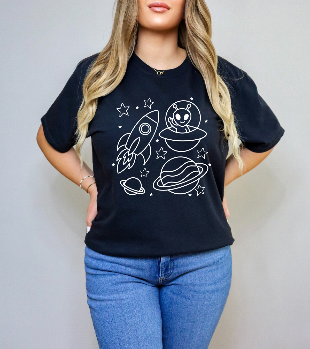 Spaceship and Planets Outline WHITE 117769 DTF transfer