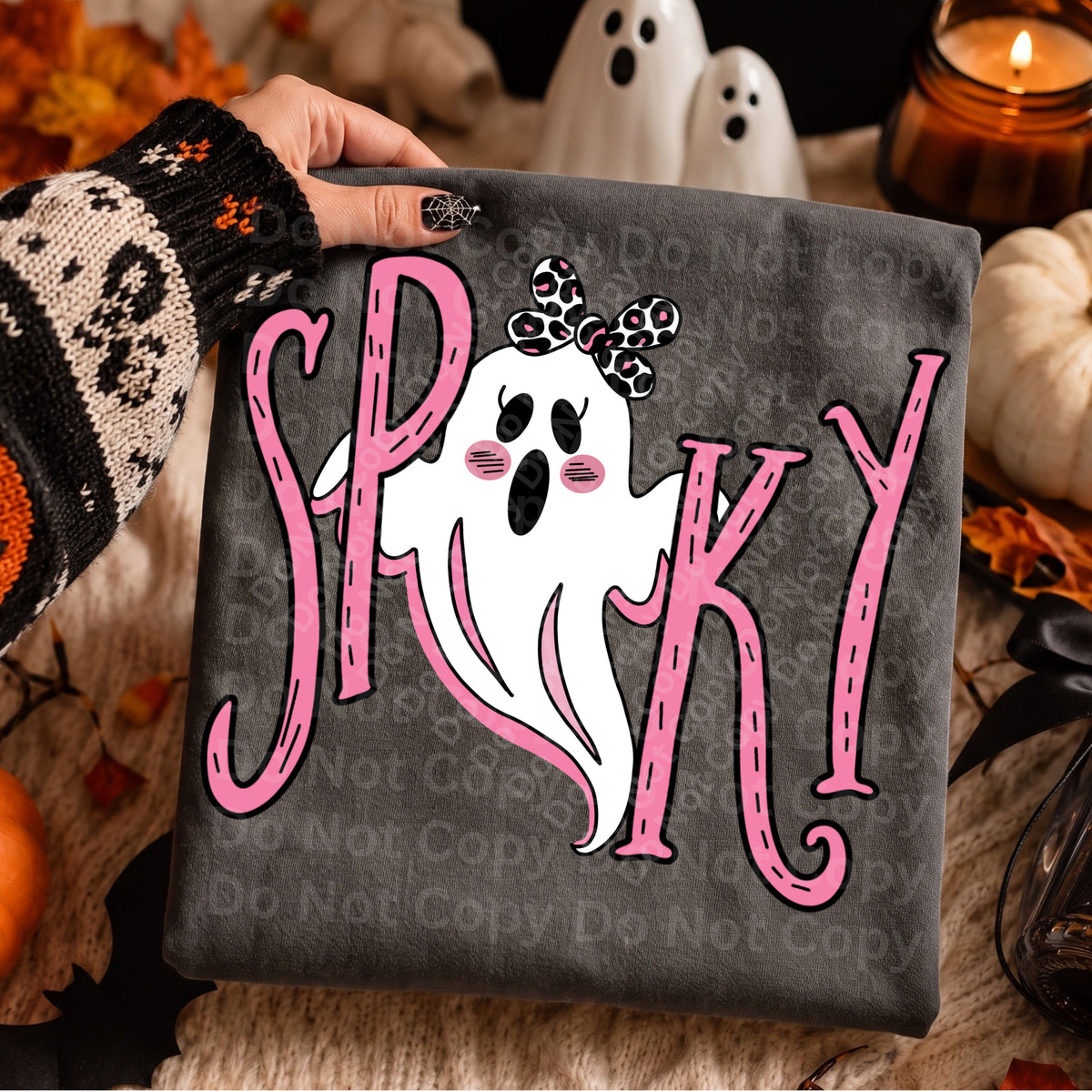 Spooky pink with ghost leopard bow (Irene) DTF Transfer