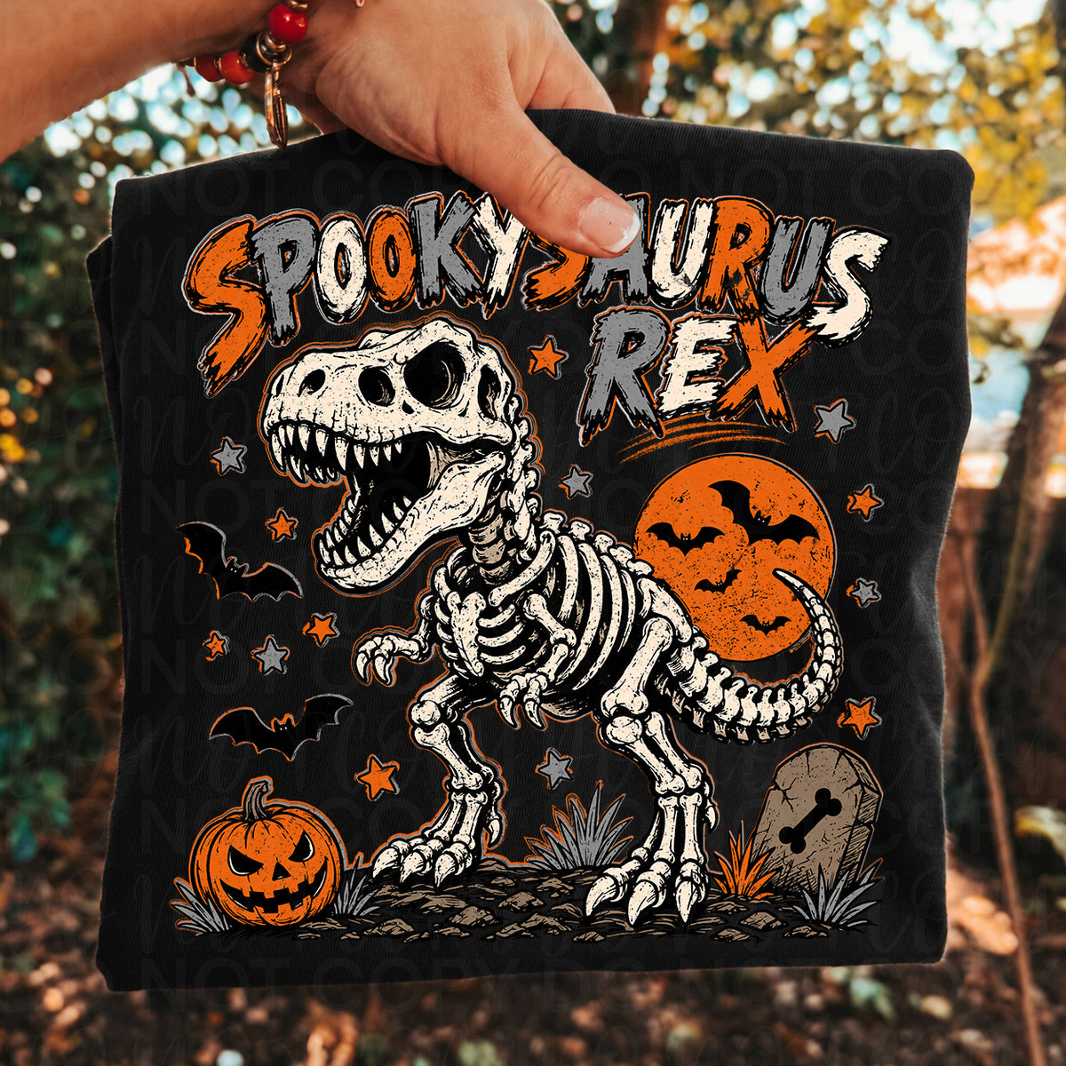 Spookysaurus rex orange and grey UAC DTF transfer