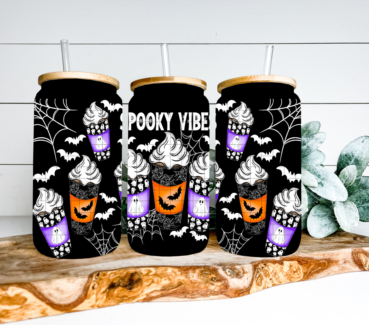 Spooky vibes coffee trio WHITE (Linda) UV DTF WRAP