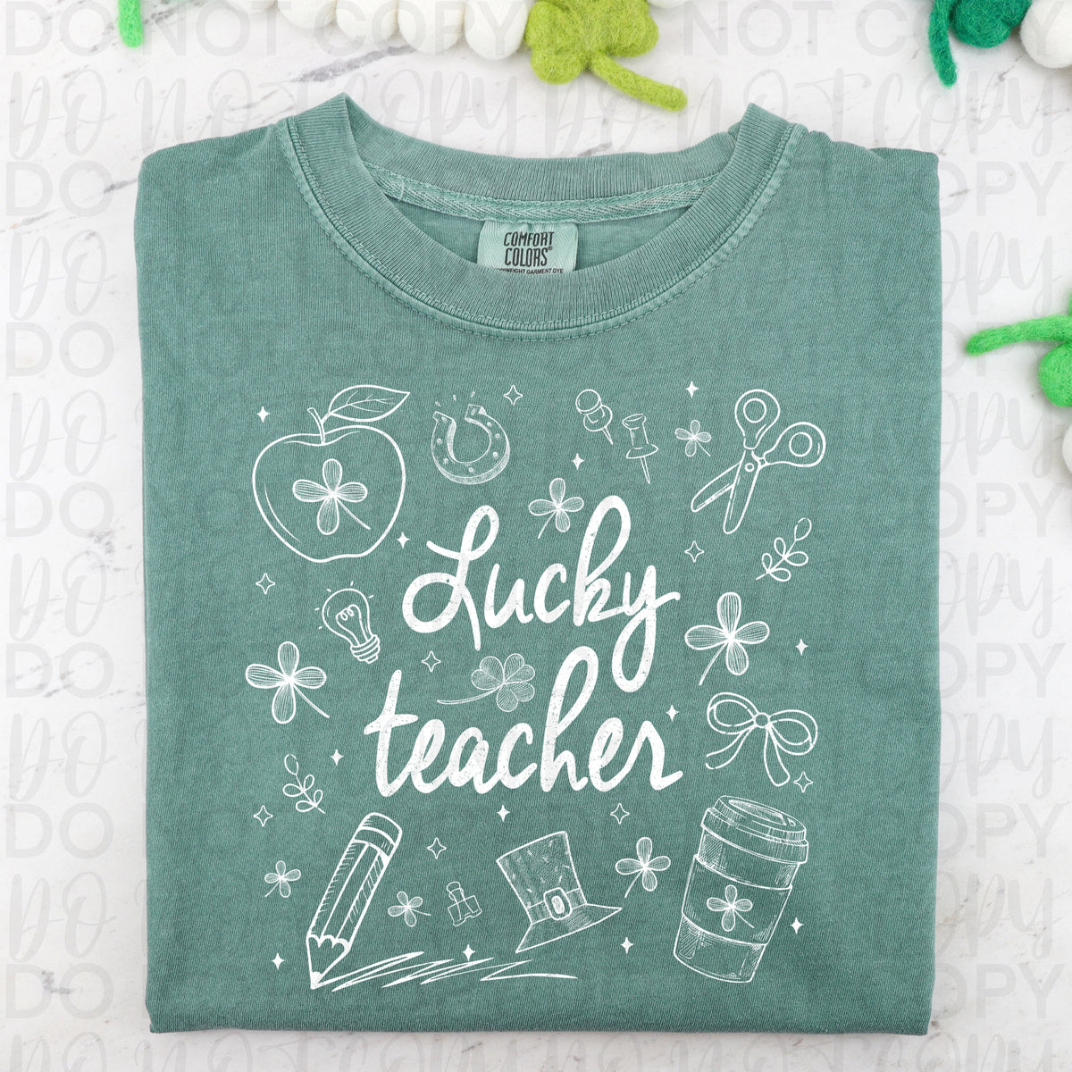 Lucky teacher (st pattys collage white) (UAC) DTF Transfer