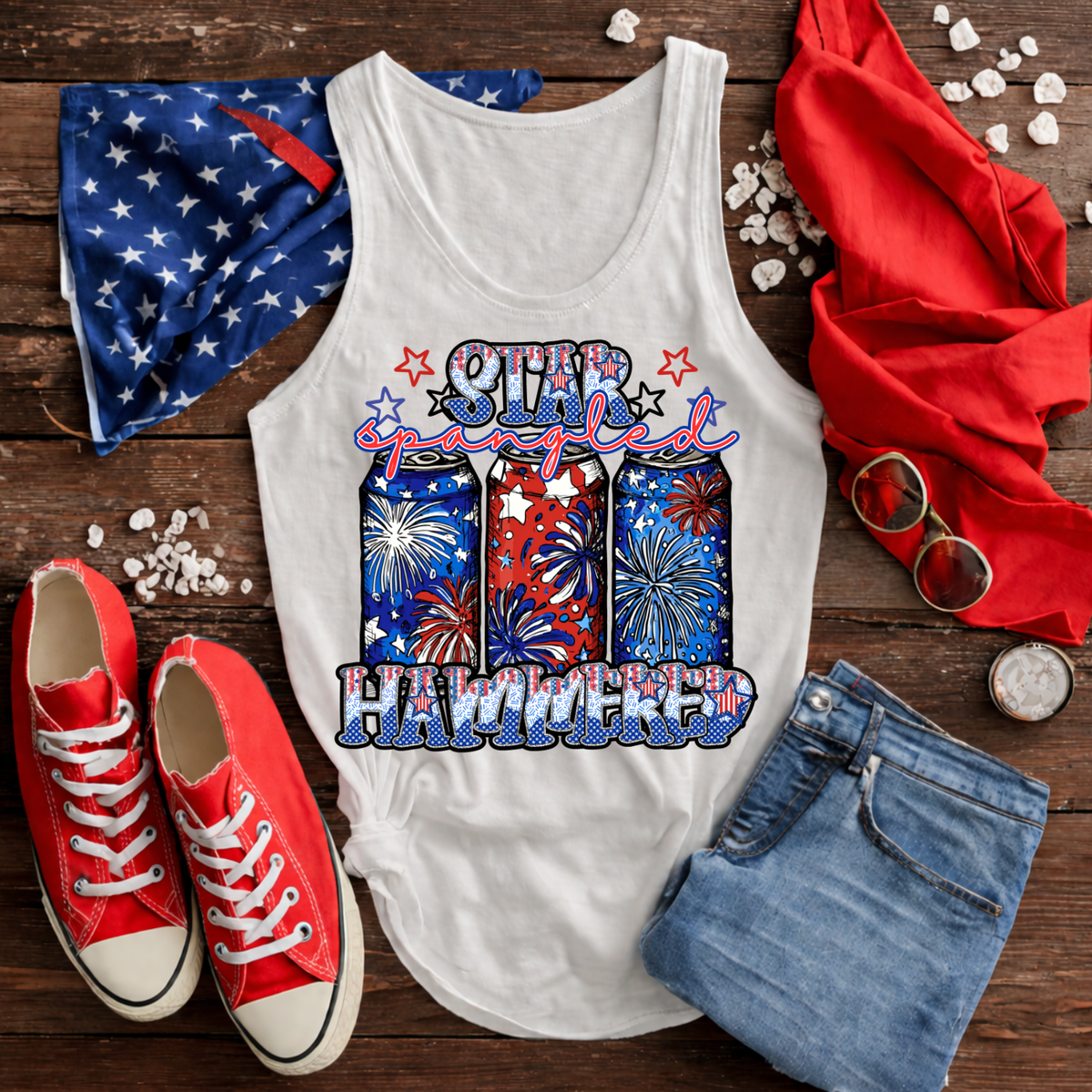 Star spangled hammered RWB filled firework cans (Revel) DTF Transfer