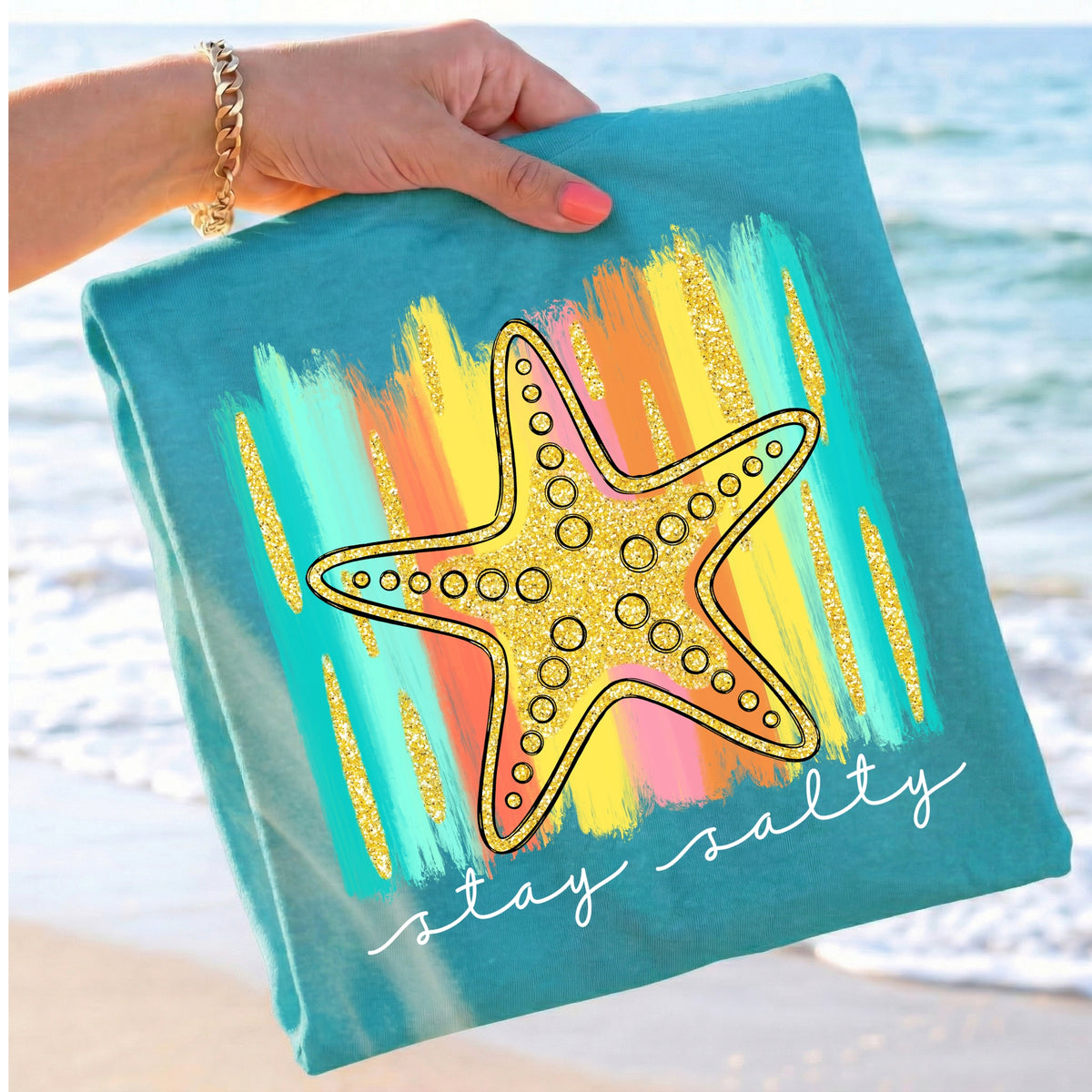 Stay salty brushstroke star fish white font (UAC) DTF Transfer