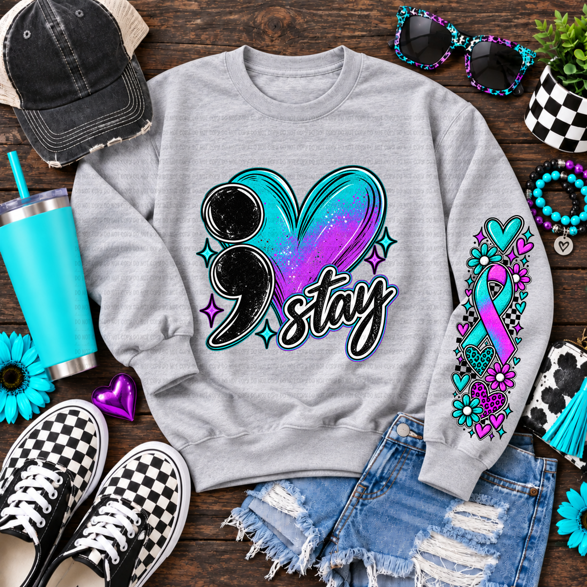 Purple and teal ribbon and flowers (SLEEVE ONLY) (Revel) DTF Transfer