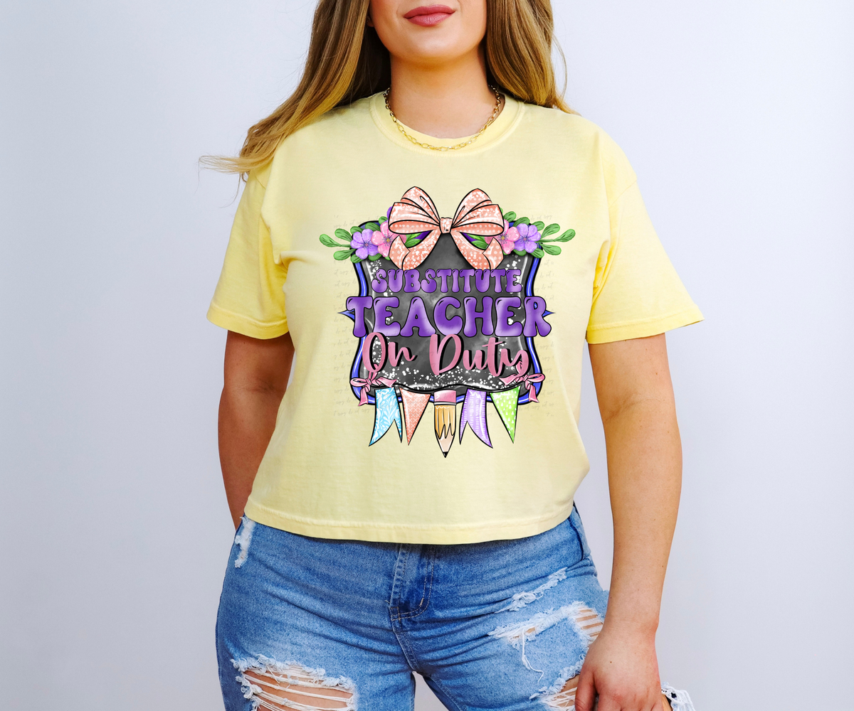 Substitute Teacher On Duty Purple Frame with Bow and Pencil 115942 DTF Transfer