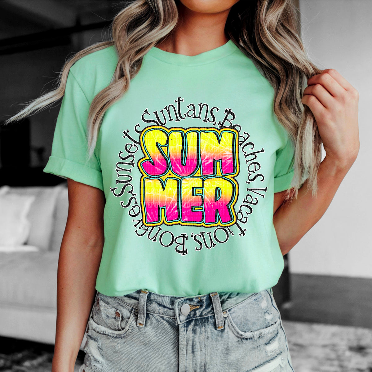 Summer yellow and pink font circle 104256 DTF transfer