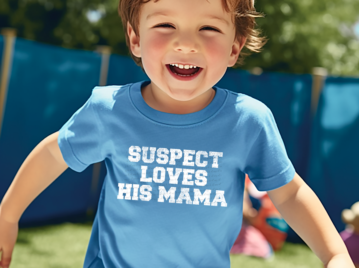 Suspect Love His Mama White Varsity Font Grunge 86248 DTF Transfer