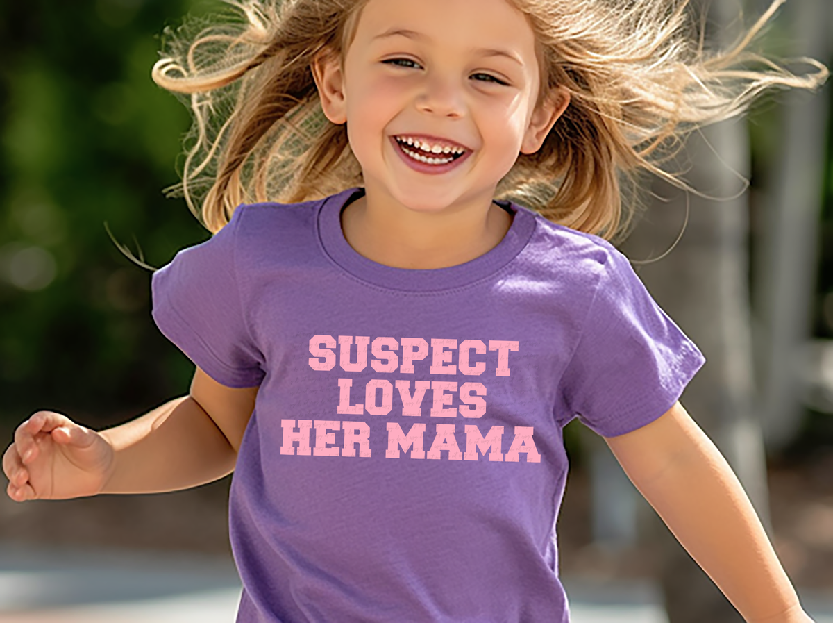 Suspect Loves Her Mama Pink Varsity Font 86253 DTF Transfer