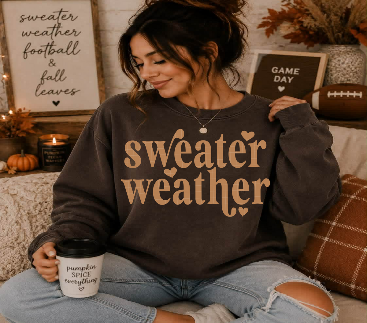Sweater weather with hearts BROWN (Linda) DTF Transfer