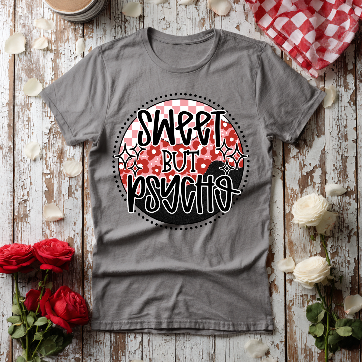Sweet but psycho pink checkered circle with faux glitter (Revel) DTF Transfer