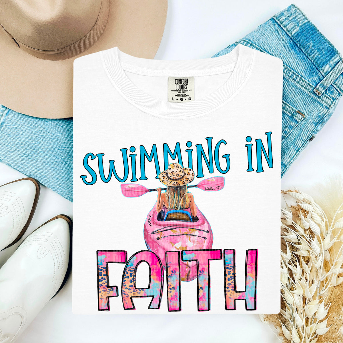 Swimming in Faith dark blue DTF transfer