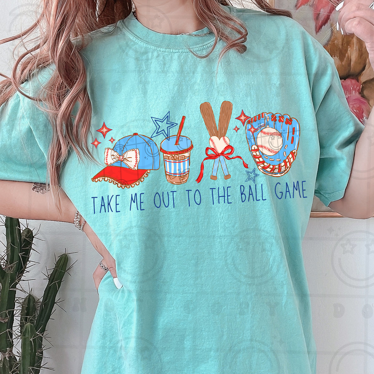 Take me out the ballgame baseball (hat with bow, bats with bow) (HW) DTF Transfer