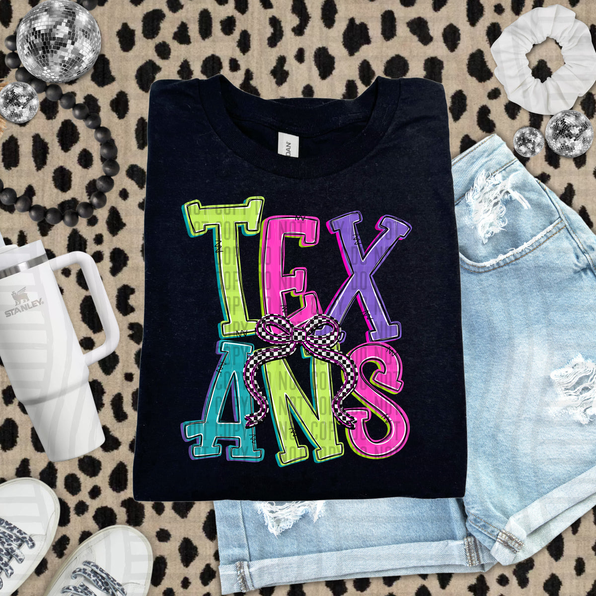 Texans stacked neon colors with checkered bow (caplinger) DTF Transfer