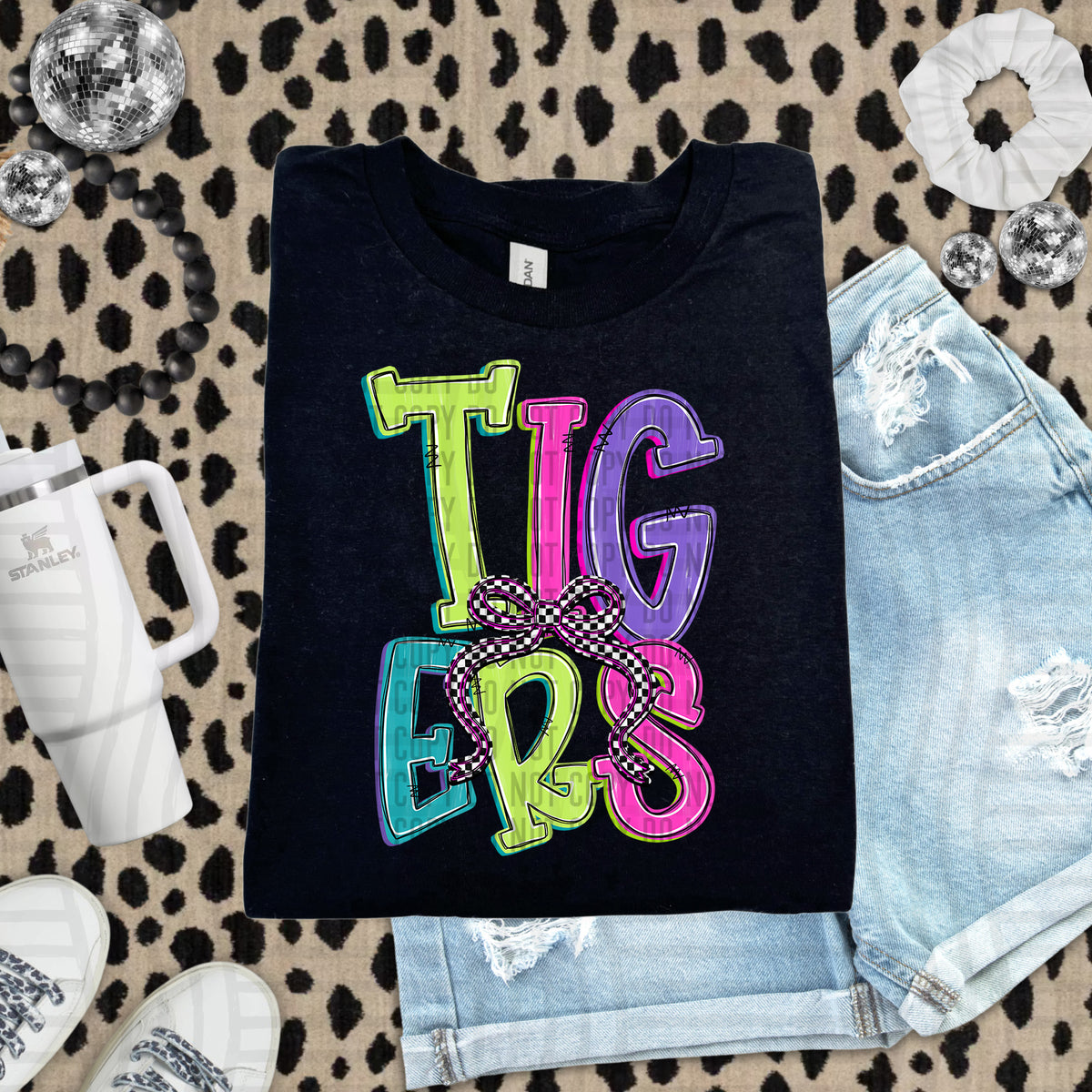 Tigers stacked neon colors with checkered bow (caplinger) DTF Transfer