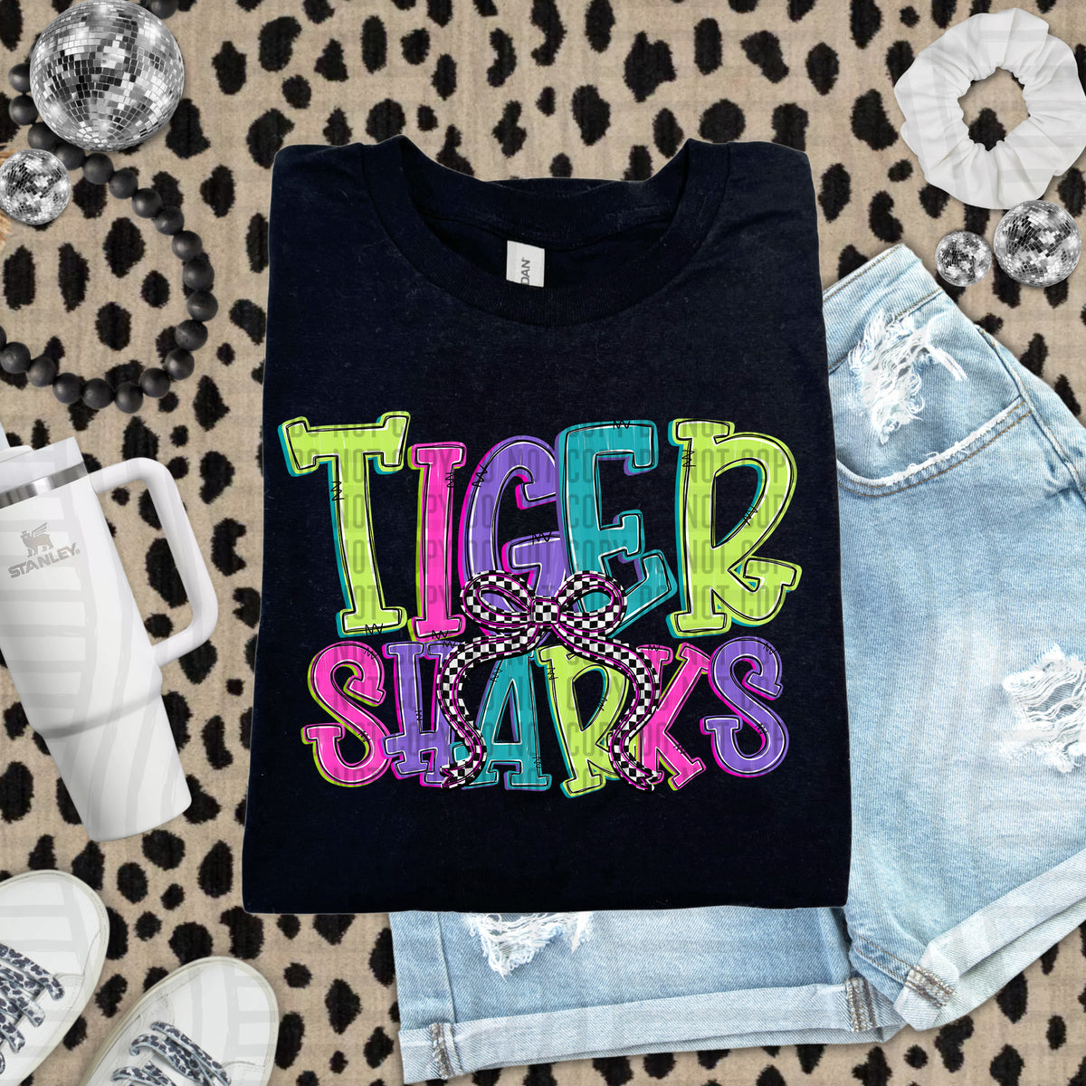 Tiger Sharks stacked neon colors with checkered bow (caplinger) DTF Transfer