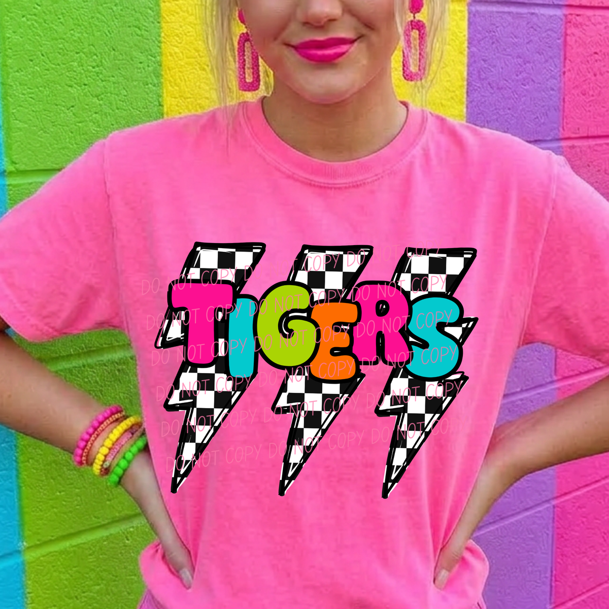 Tigers multi color with lightning bolt background (city) DTF Transfer