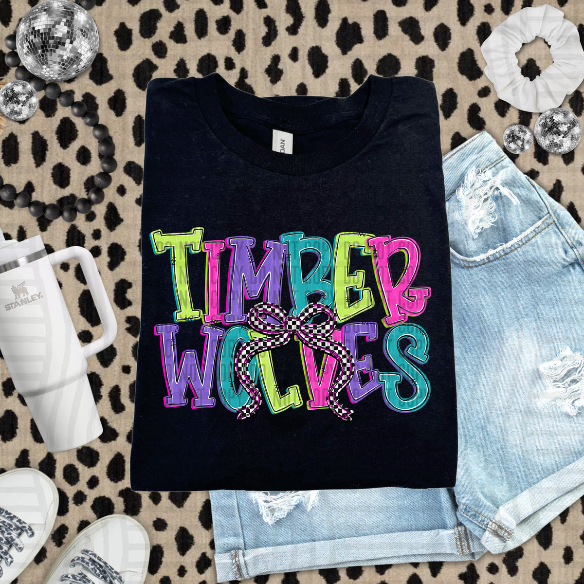 Timber wolves stacked neon colors with checkered bow (caplinger) DTF Transfer