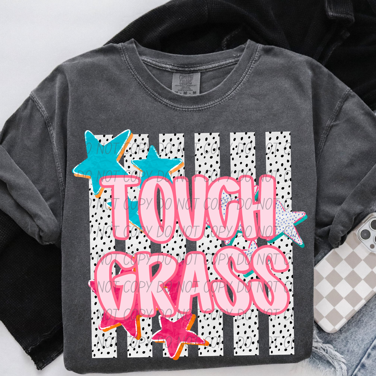 touch grass dalmatian striped background colorful stars (City) DTF Transfer