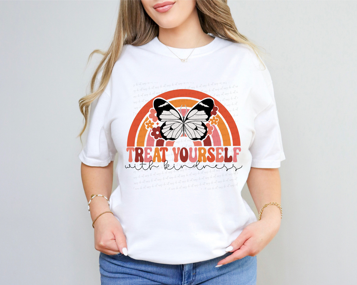 Treat Yourself with Kindness Retro Rainbow Butterfly 116670 DTF Transfer