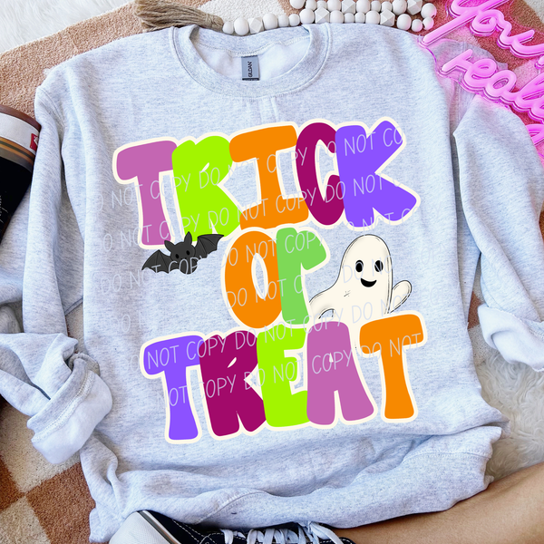 Trick or Treat neon font with ghost (City) DTF Transfer