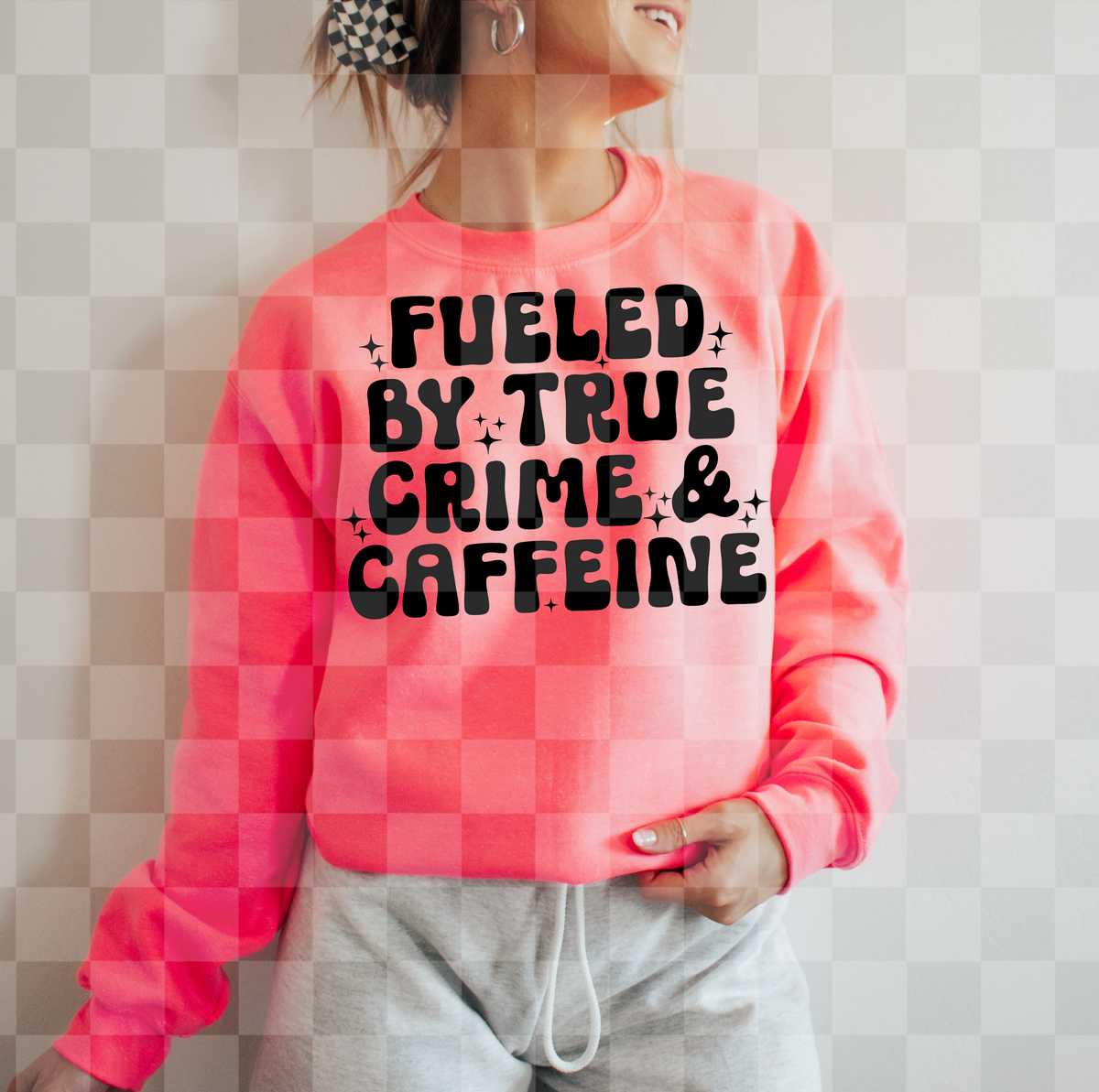 Fueled by true crime and caffeine BLACK with stars (Virgo) DTF Transfer