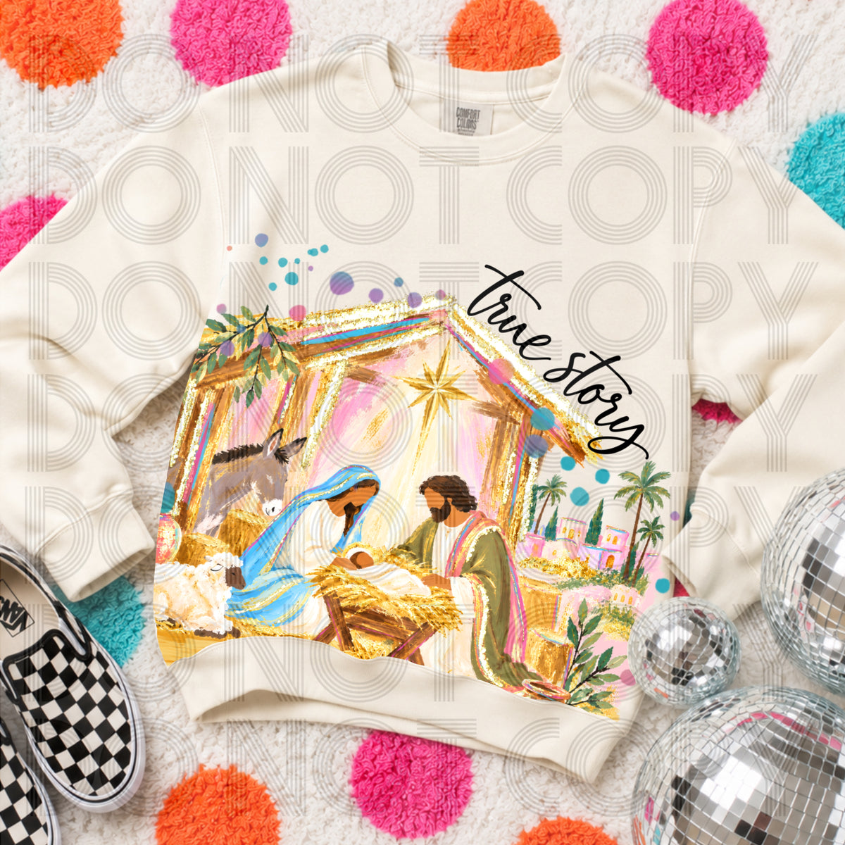 True story Mary Joseph and baby Jesus in manger (Renewed) DTF Transfer