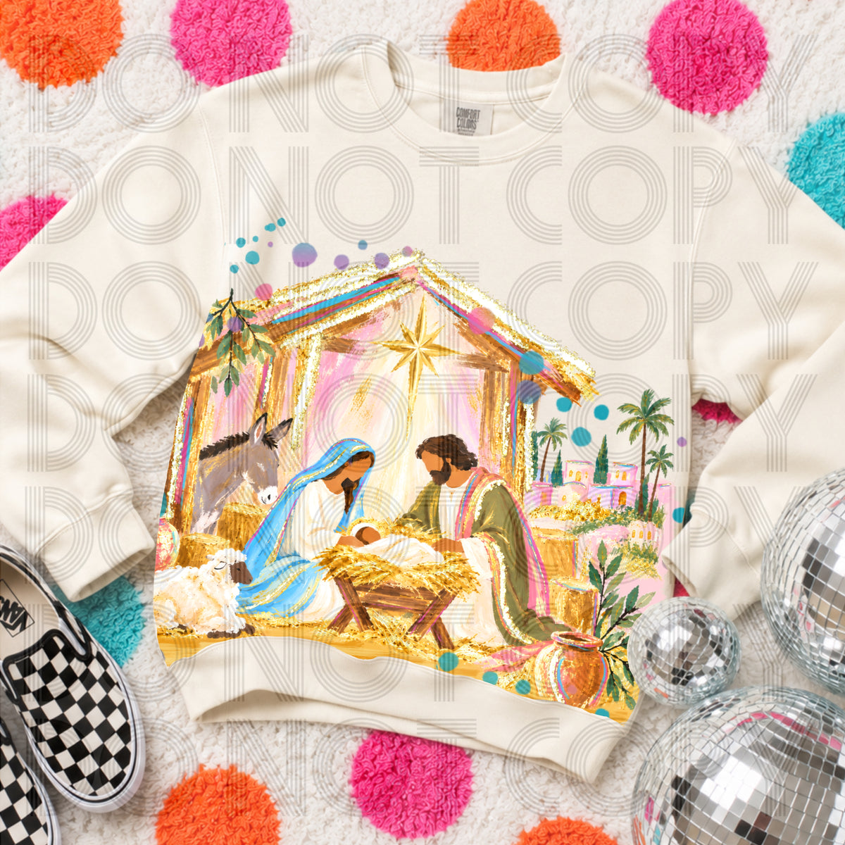 Mary Joseph and baby Jesus in manger with shining star (Renewed) DTF Transfer