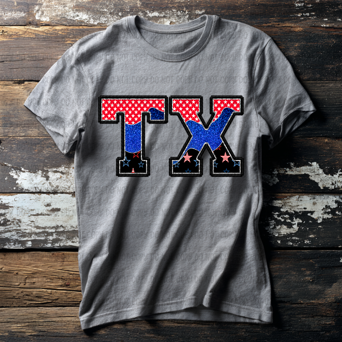 TX (red blue and black filled) (Revel) DTF Transfer
