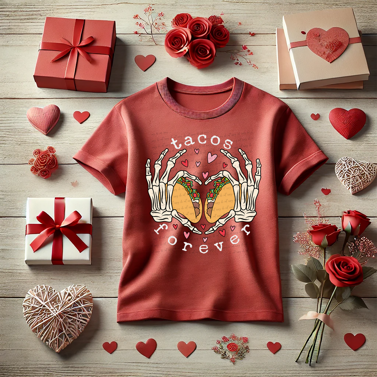 Tacos Forever Heart Skellie Hand Full Color White Font 81657 DTF Transfer