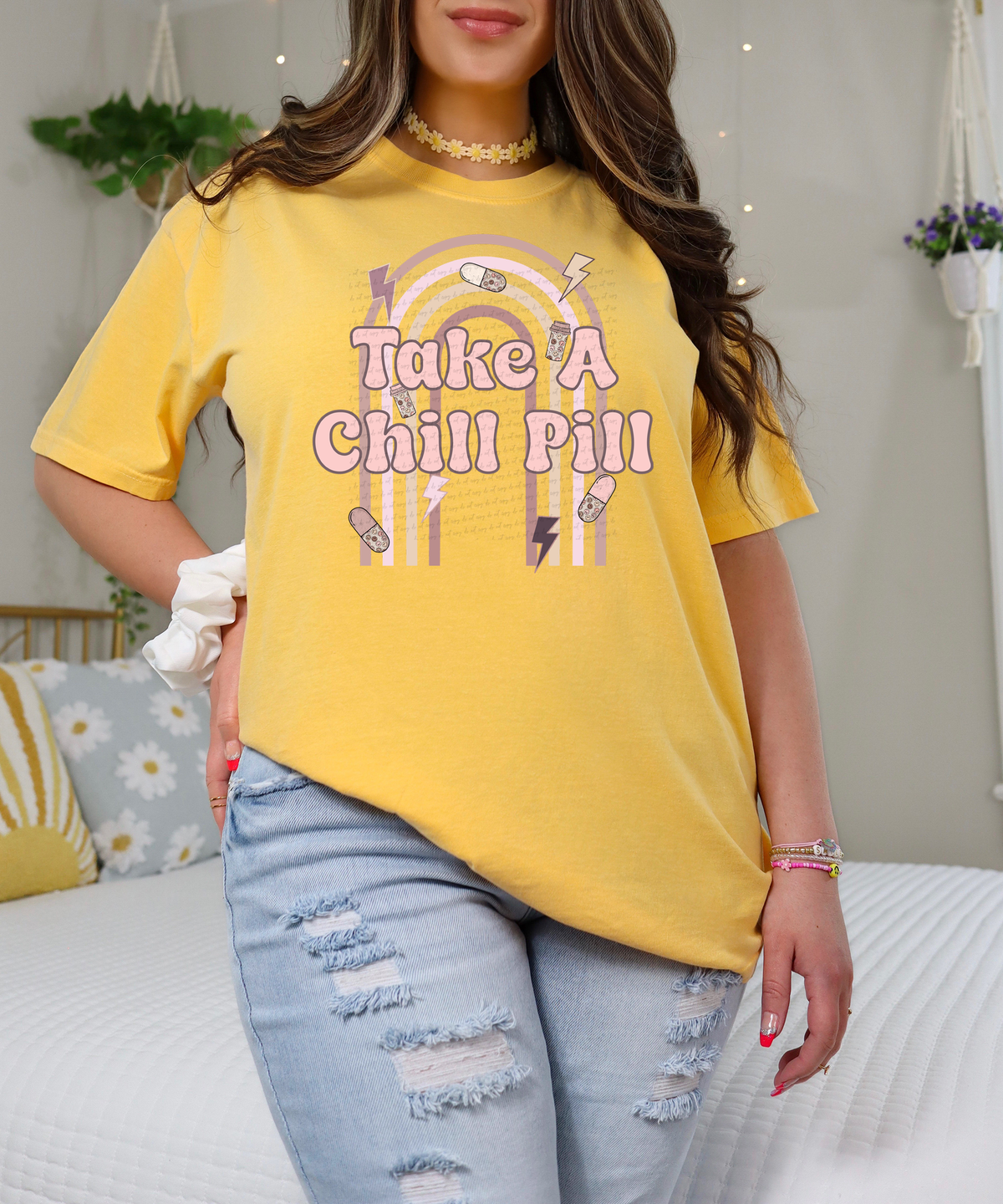 Take A Chill Pill Rainbow Lightning Bolt 74716 DTF Transfer