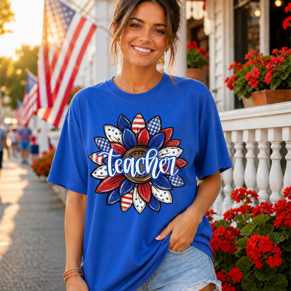 Teacher BLUE outline patriotic sunflower (SDD) DTF Transfer