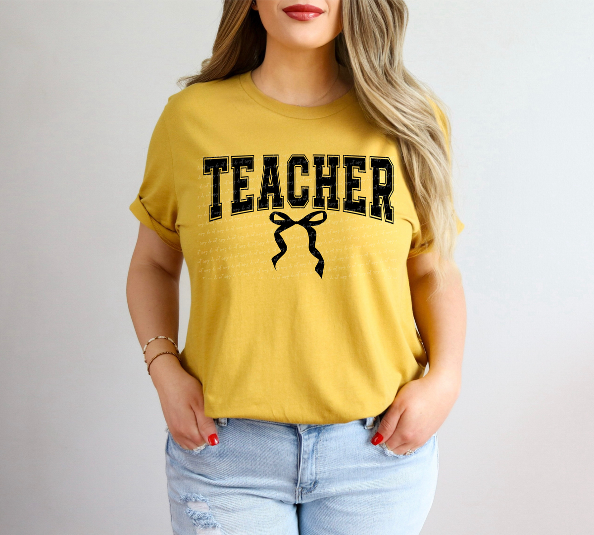 Teacher Curve Varsity Font With Bow Black 86605 DTF Transfer