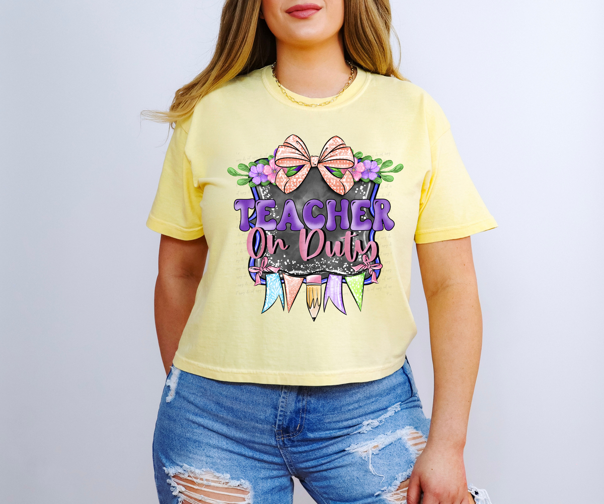 Teacher On Duty Purple Frame with Bow and Pencil 115943 DTF Transfer