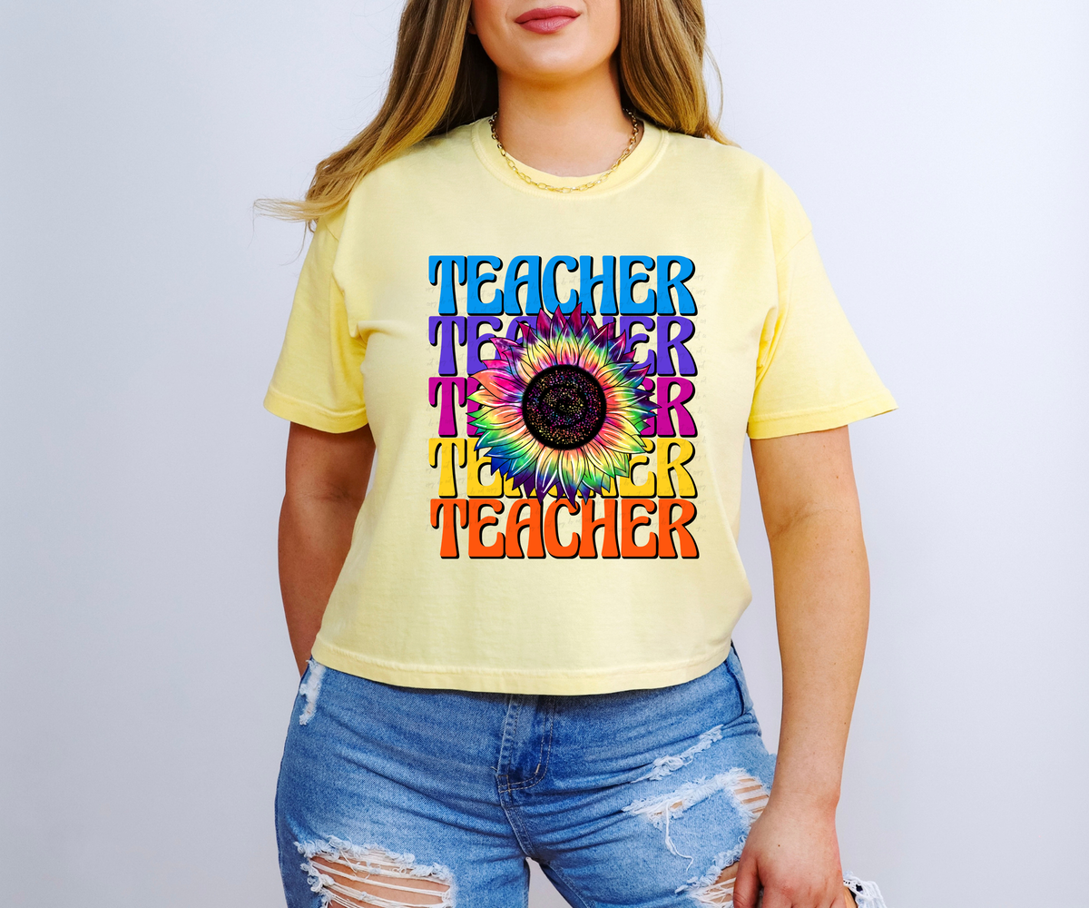 Teacher Stacked Tie Dye Sunflower 115946 DTF Transfer