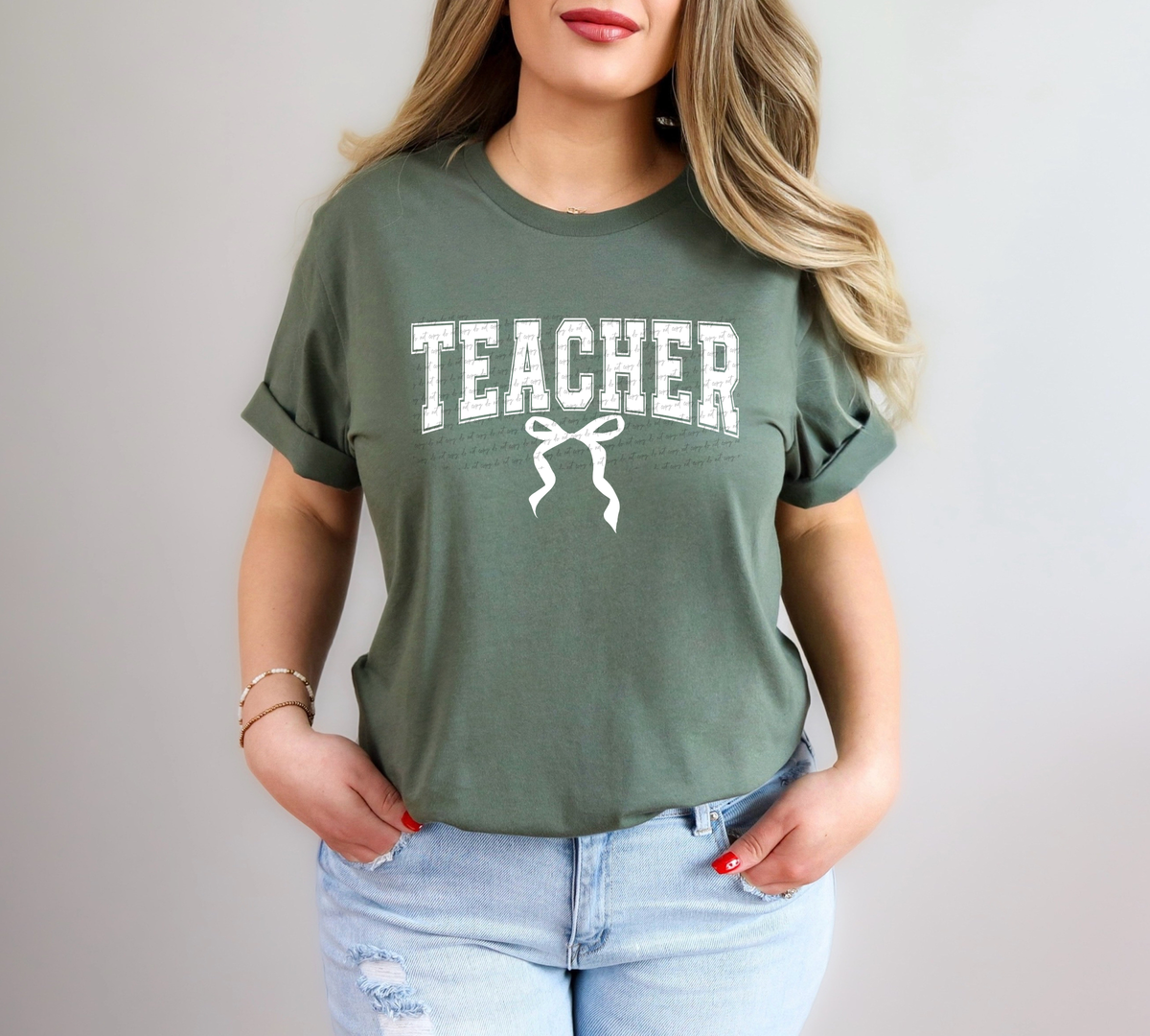 Teacher Varsity Font Bow White 86741 DTF Transfer