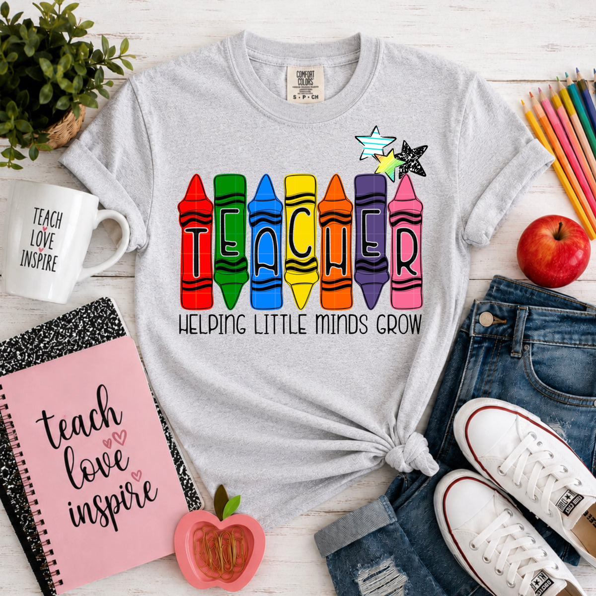 Teacher helping little minds grown crayons and stars (SDD) DTF Transfer