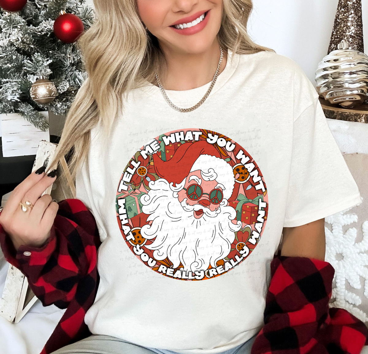 Tell Me What You Want What You Really Really Want Santa Retro Circle 114854 DTF transfer