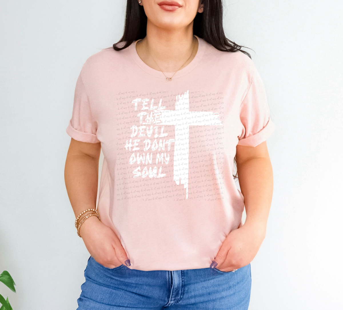 Tell The Devil He Don't Own My Soul Cross White 104867 DTF transfer