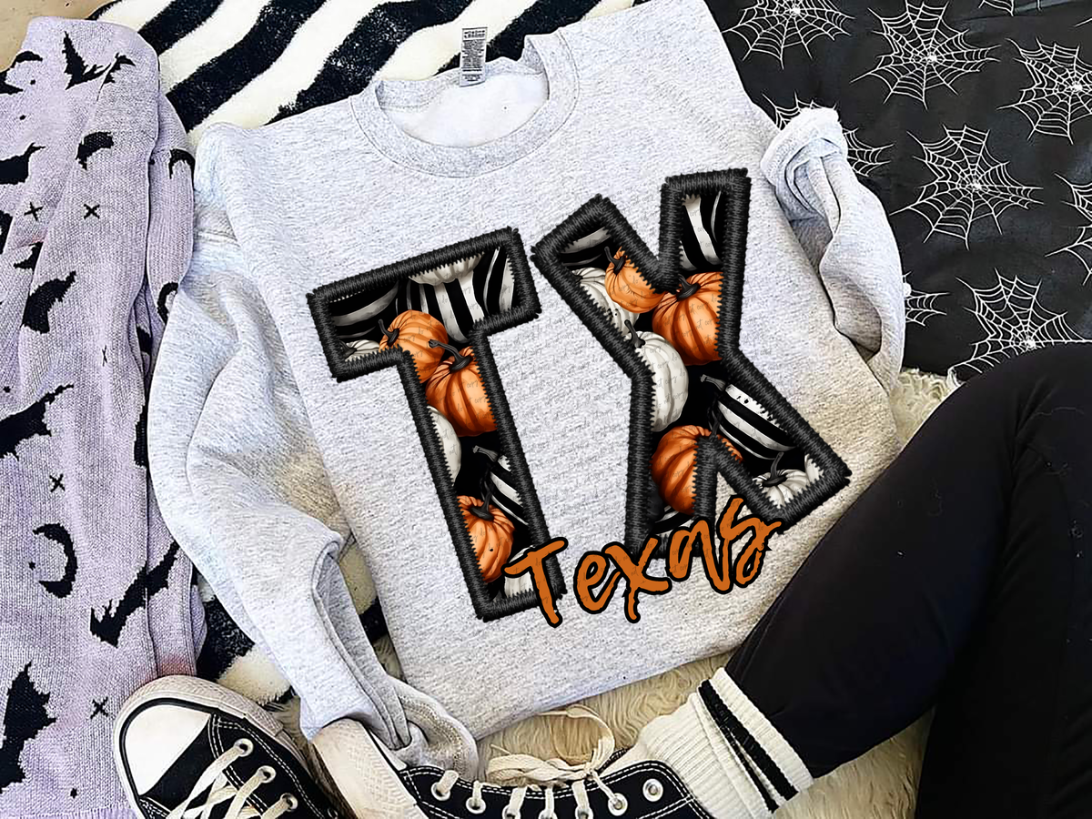 TX Faux Embroidery Pumpkin Filled Texas 54525 DTF transfer