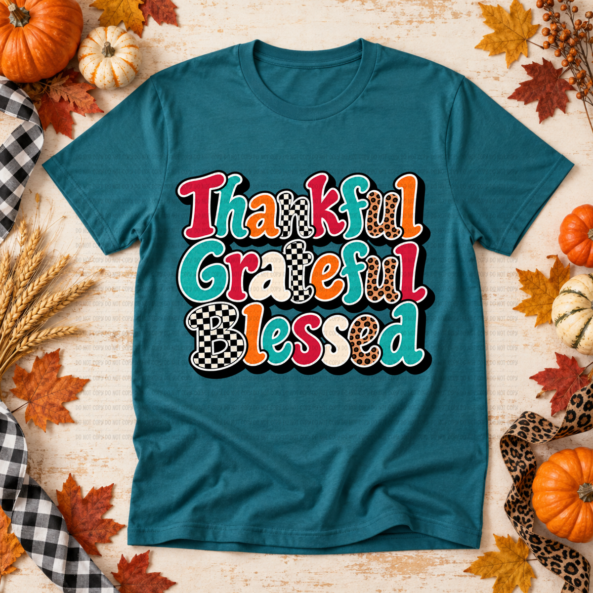 Thankful grateful blessed stacked cheetah checkered teal red and orange filled (Revel) DTF Transfer