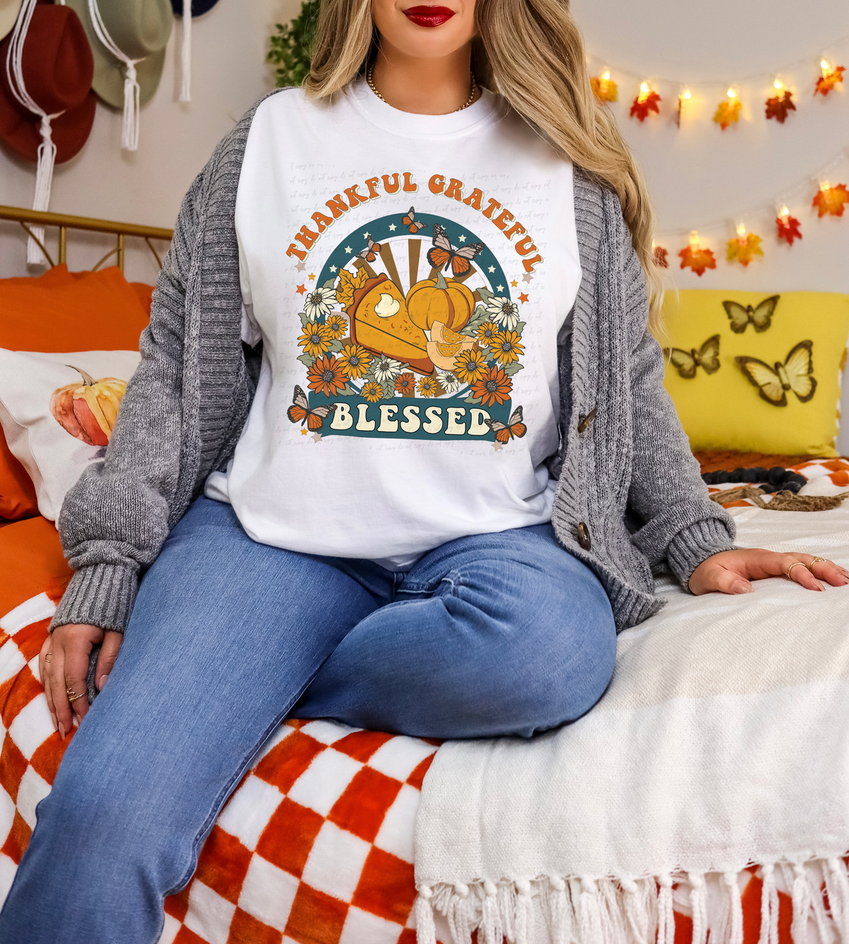 Thankful Grateful Blessed Pumpkin Pie Butterflies Floral 114975 DTF Transfer