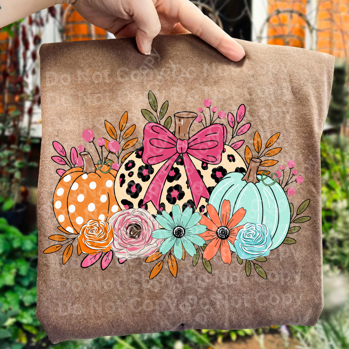 Floral pumpkin trio with pink bow (Irene) DTF Transfer